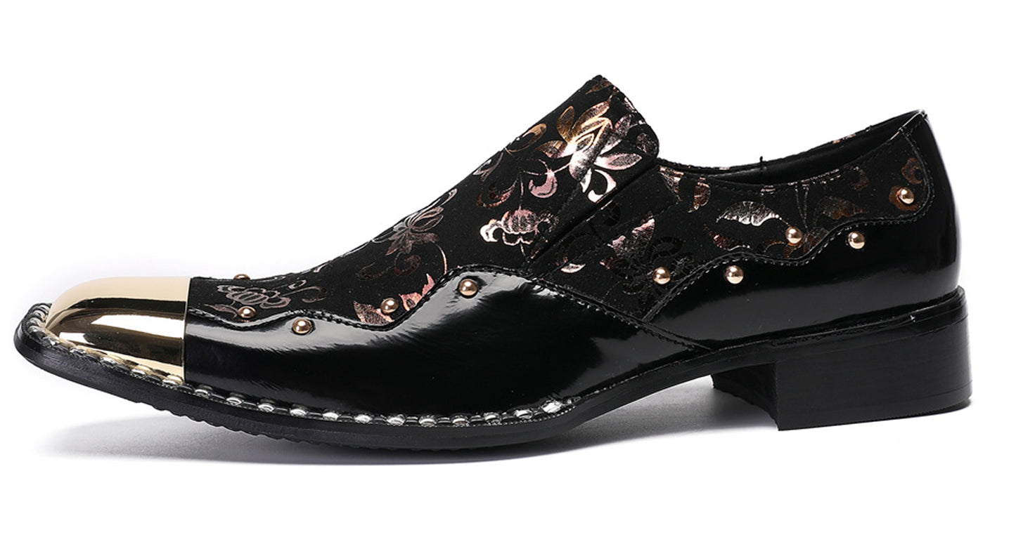 Mens Genuine Leather Gold Beads Metal Square Toe Western Loafers