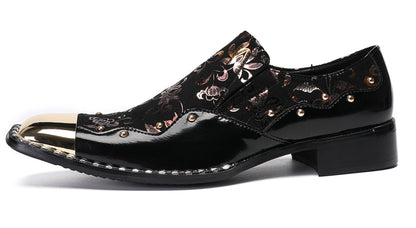 Mens Genuine Leather Gold Beads Metal Square Toe Western Loafers