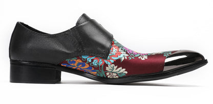 Mens Flower Embroidery Two-Tone Monk Strap Western Loafers