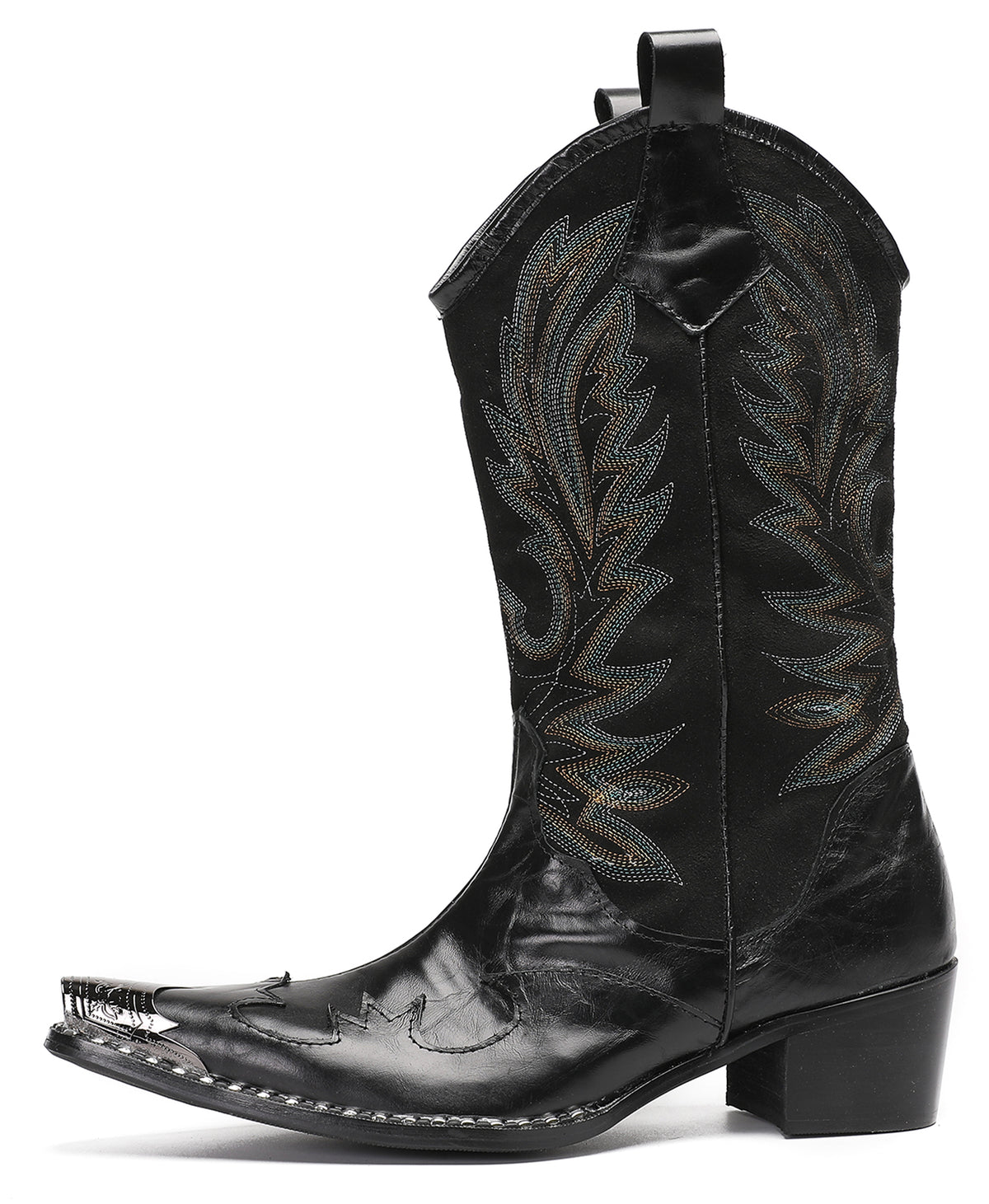 Mens Genuine Leather Metal Wingtip Toe Embroidered Pull On Western Cowboy Boots