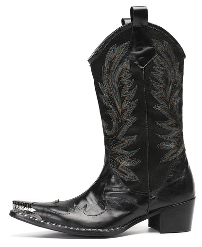 Mens Genuine Leather Metal Wingtip Toe Embroidered Pull On Western Cowboy Boots