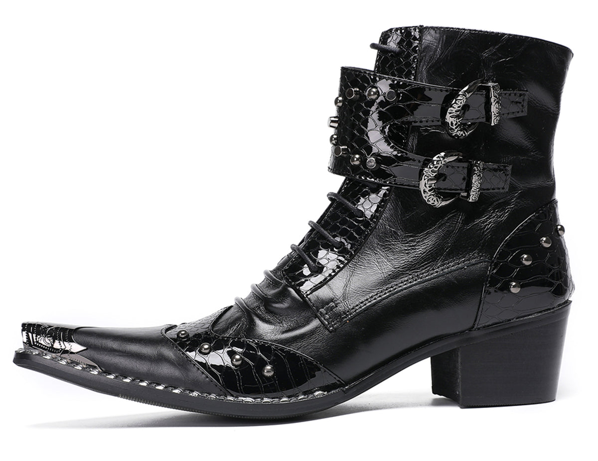 Mens Genuine Leather Metal Wingtip Toe Buckle Bead Details Cowboy Western Boots
