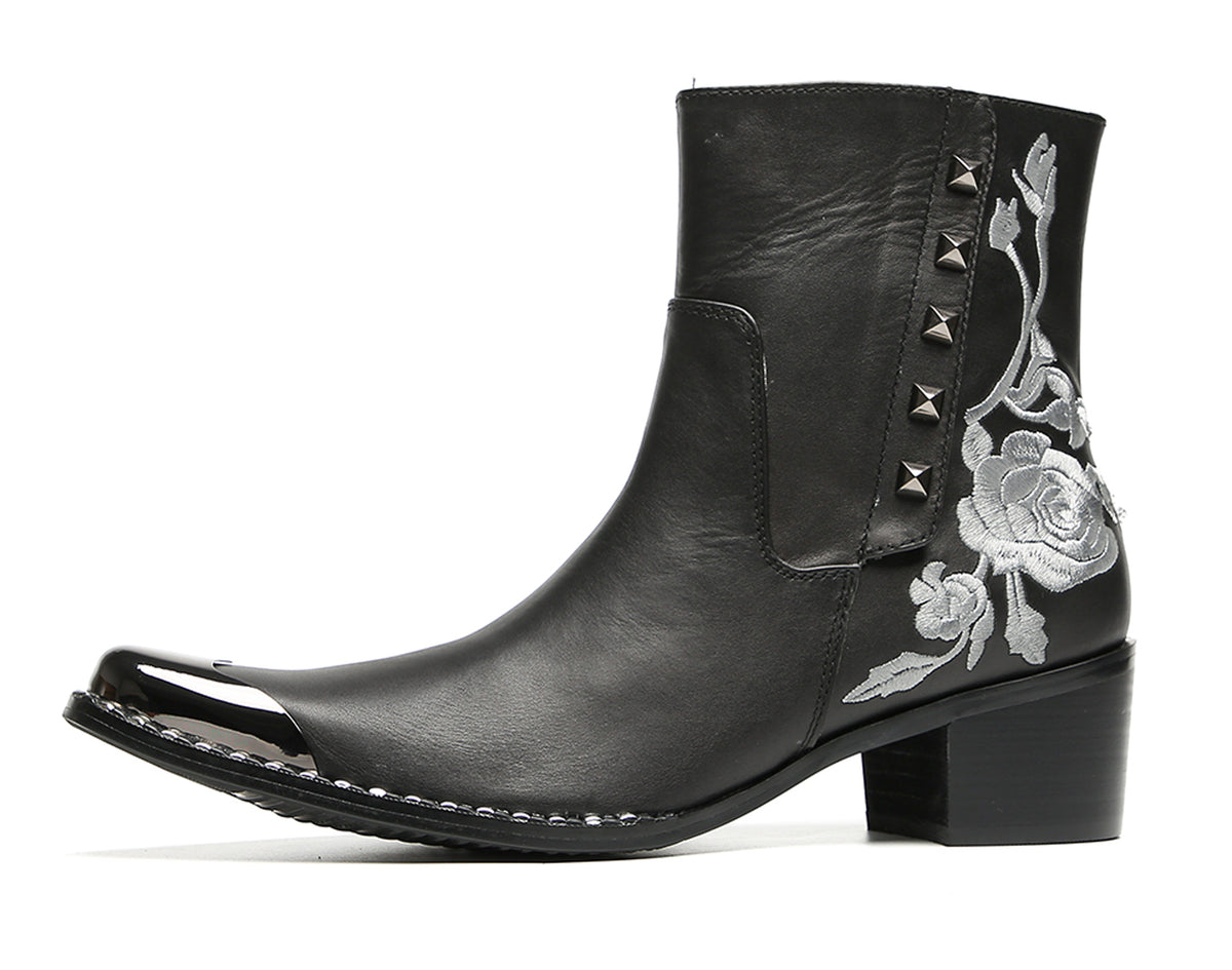 Mens Embroidered Rose Side Zip Metal Toe Cowboy Western Boots