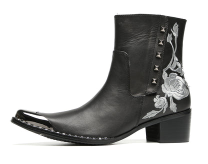 Mens Embroidered Rose Side Zip Metal Toe Cowboy Western Boots