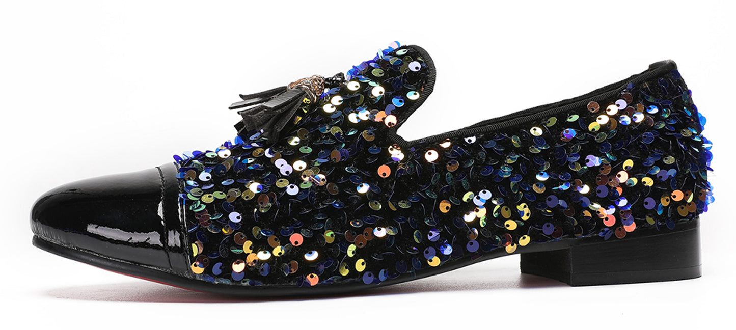 Mens Glitter Sequins Tassels Prom Party Western Loafers
