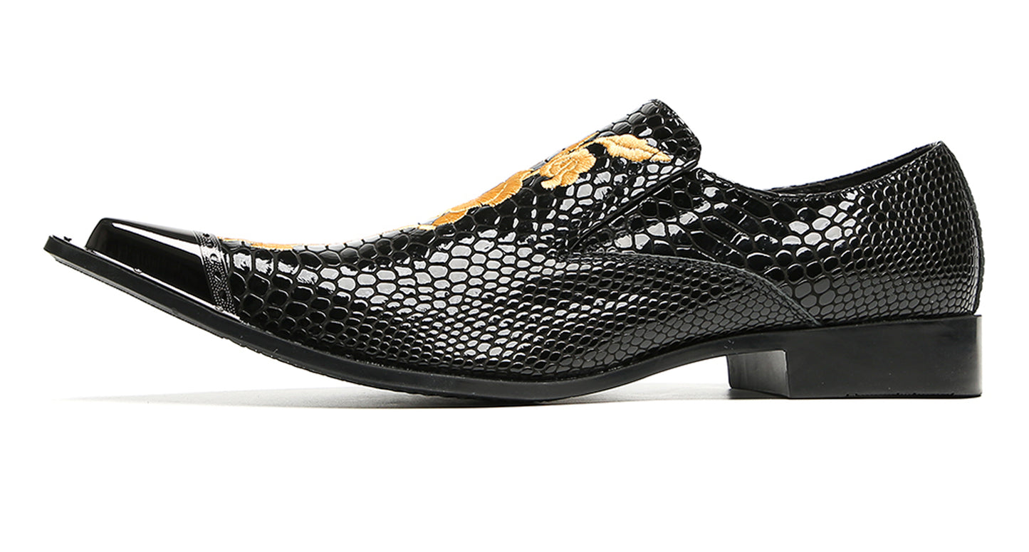 Mens Embroidered Rose Snake Pattern Patent Leather Western Loafers