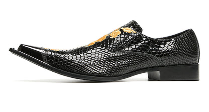 Mens Embroidered Rose Snake Pattern Patent Leather Western Loafers