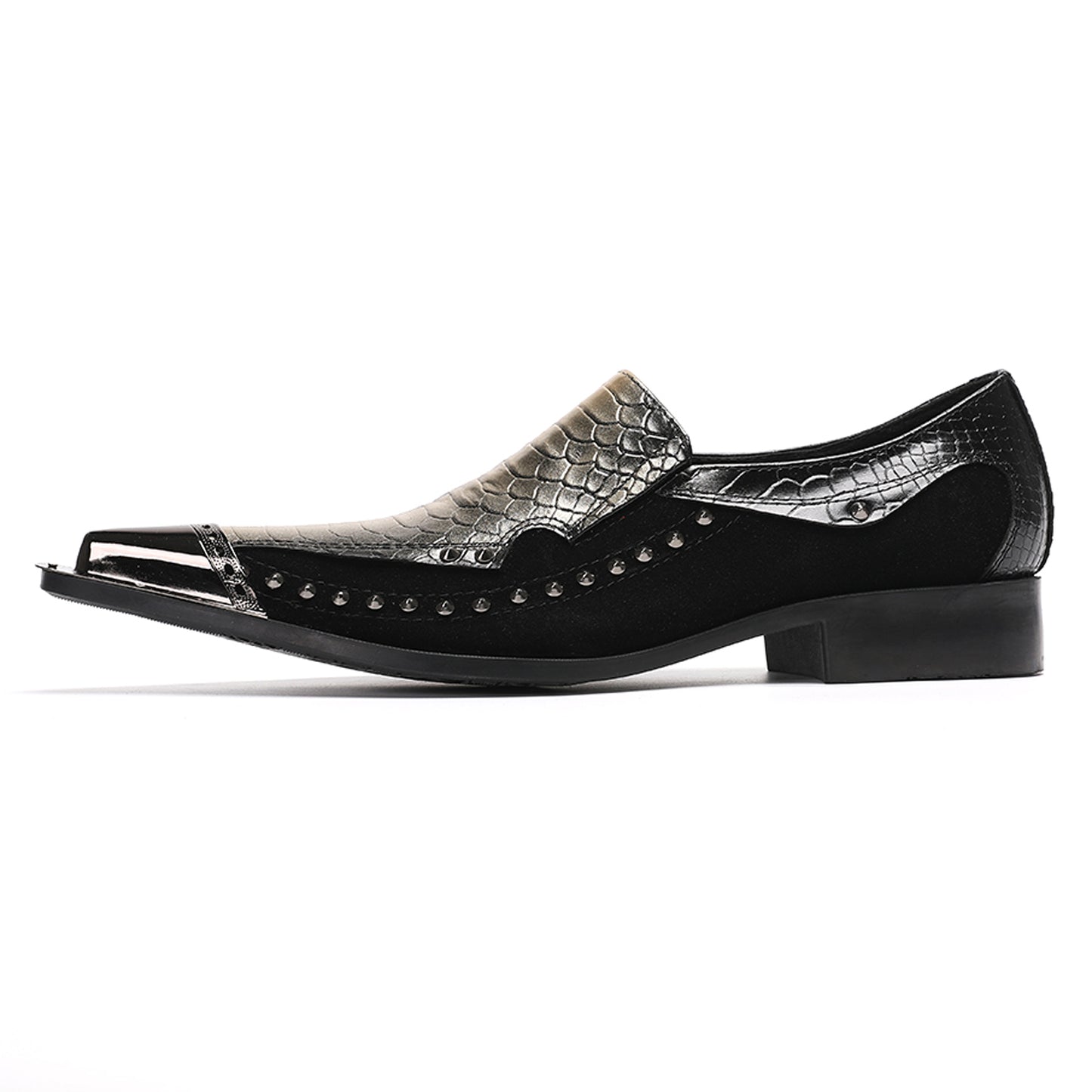 Mens Snake Embossed Leather Metal Toe Studded Loafers