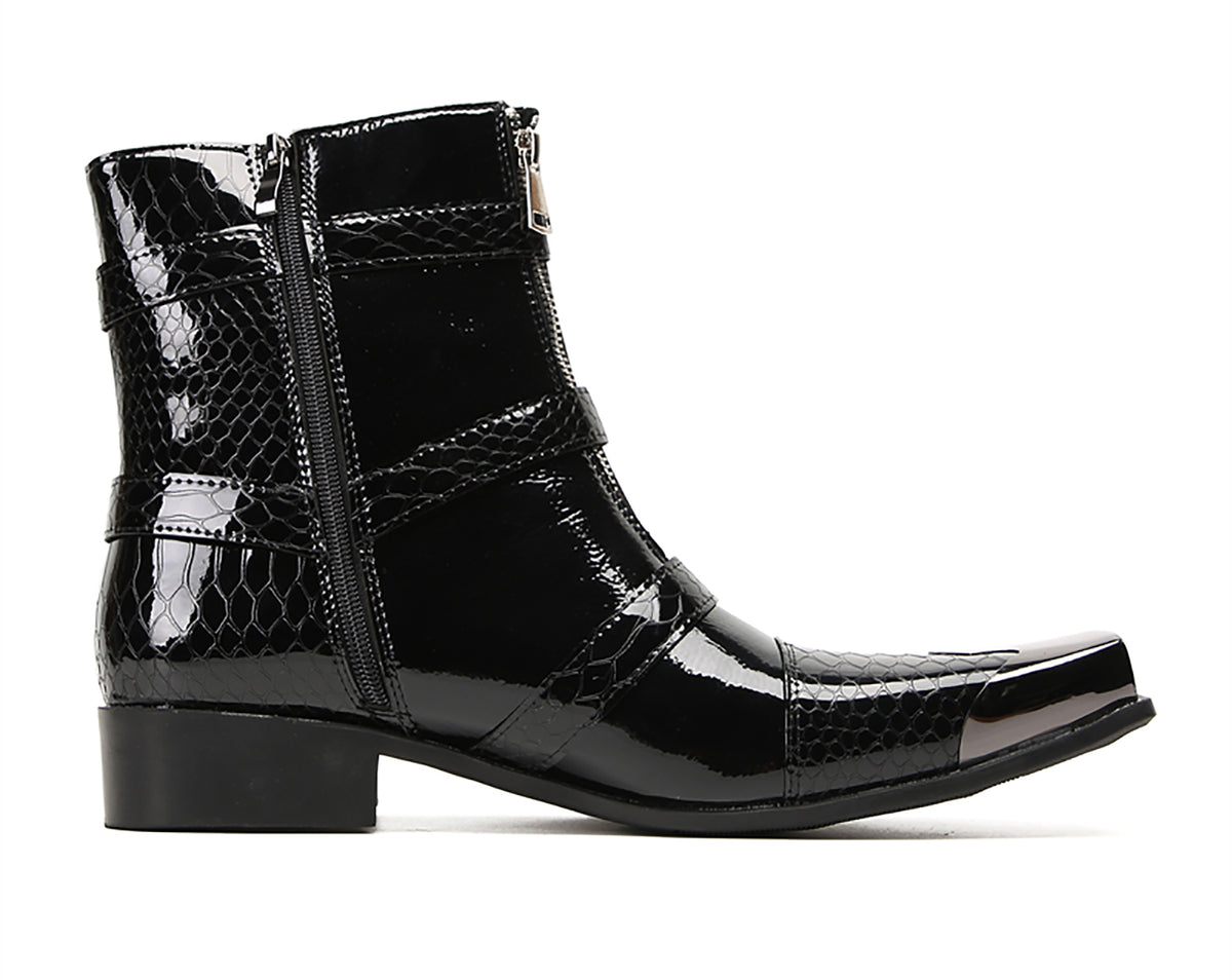 Mens Genuine Leather Dress Casual Metal Square Toe Buckles Cowboy Western Boots
