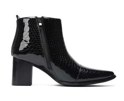 Mens Black Glossy Patent Leather Snake Print Block Heel Ankle Boots