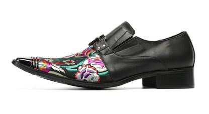 Mens Top-Grain Leather Floral Embroidery Casual Western Loafers
