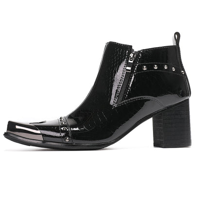 Mens Patent Leather Metal Square Toe Studded Ankle Western Boots