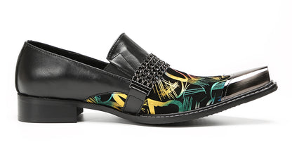Mens Metal Pointed Cap Chain Decor Slip-On Dress Western Loafers