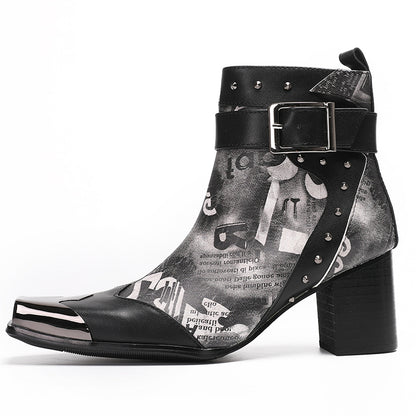 Mens Metal Square Toe Buckle Printed Leather Ankle Western Boots