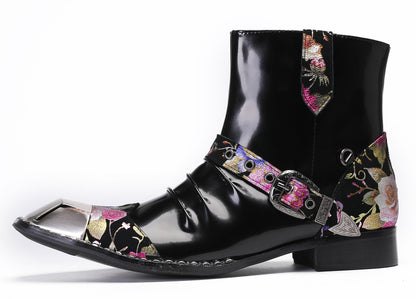 Mens Genuine Leather Metal Square Toe Buckle Rock Cowboy Western Boots
