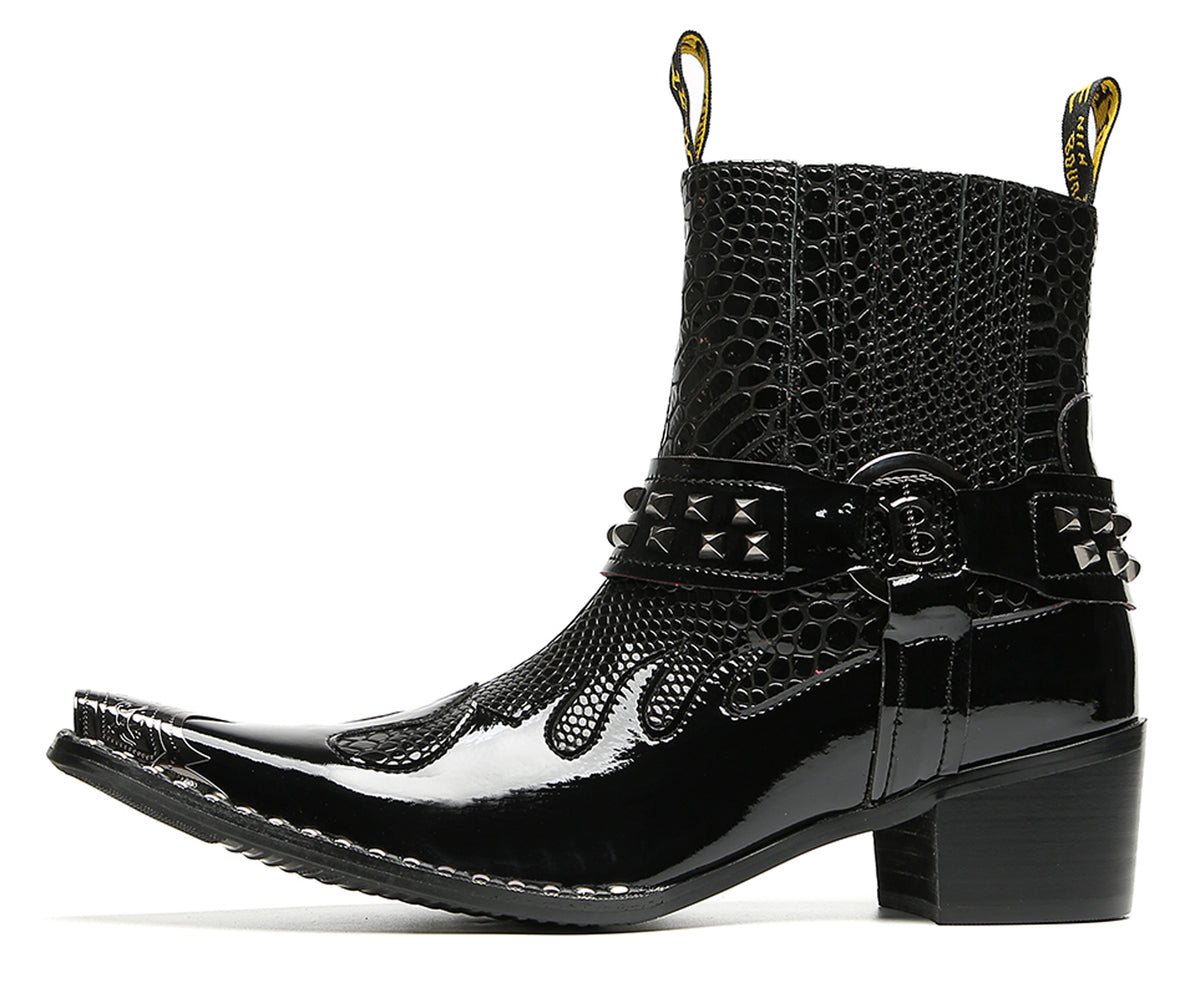 Mens Studded Snake Pattern Leather Cowboy Western Chelsea Boots
