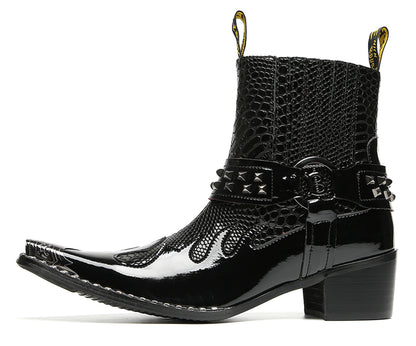 Mens Studded Snake Pattern Leather Cowboy Western Chelsea Boots