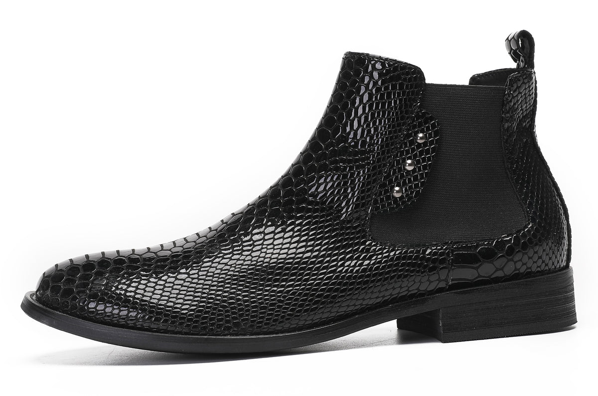 Mens Snakeskin Pattern Genuine Leather Zipper Beads Ankles Boots