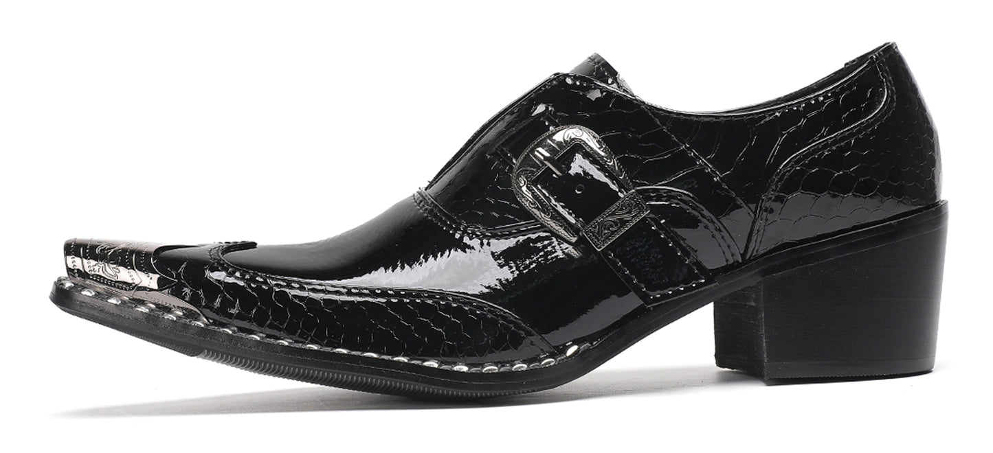 Mens Black Glossy Leather Buckle Detail Dress Western Loafers
