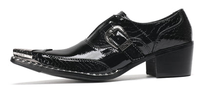 Mens Black Glossy Leather Buckle Detail Dress Western Loafers