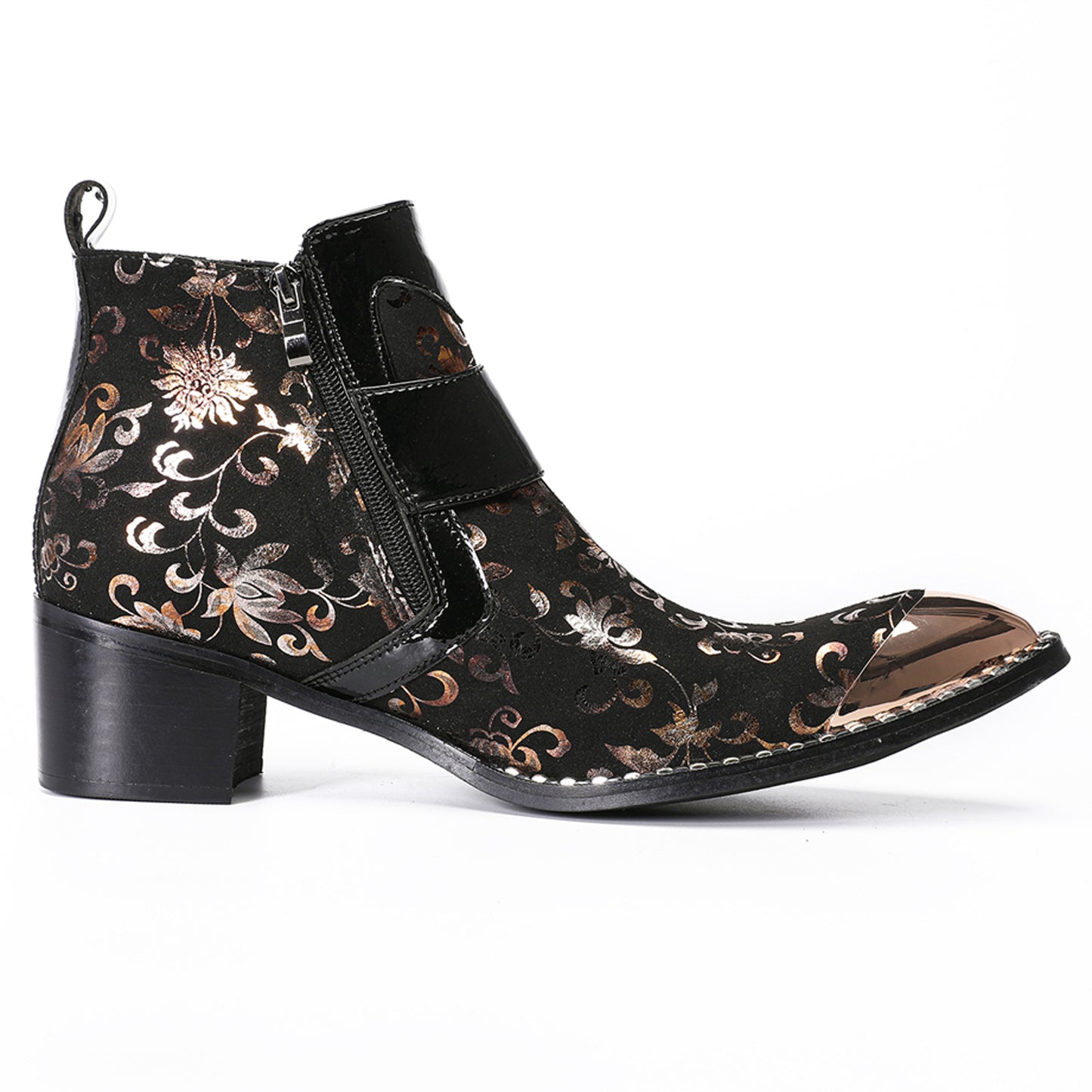 Mens Floral Leather Metal Pointed Toe Buckle Ankle Western Boots