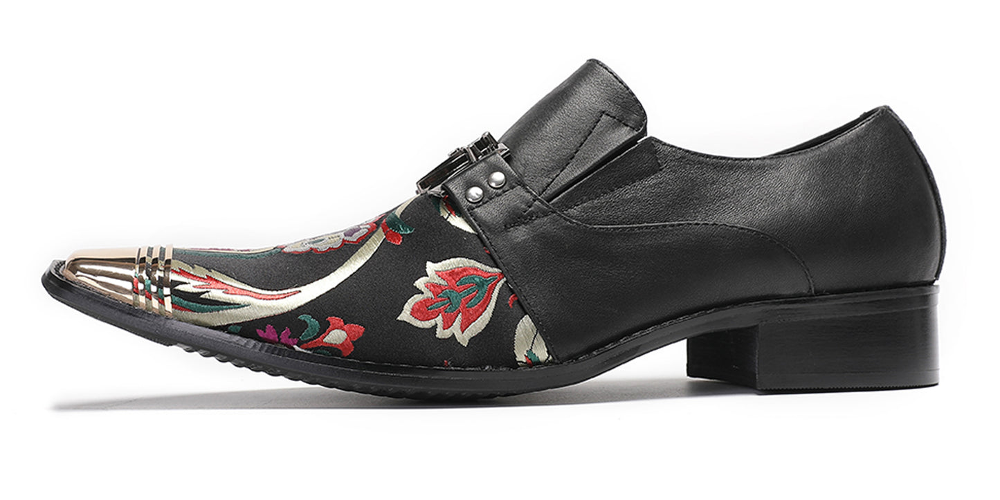 Mens Genuine Leather Slip On Buckle Floral Embroidery Western Loafers