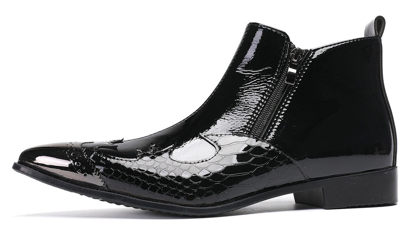 Mens Glossy Patent Leather Double Zipper Ankle Western Boots