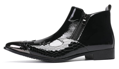 Mens Glossy Patent Leather Double Zipper Ankle Western Boots