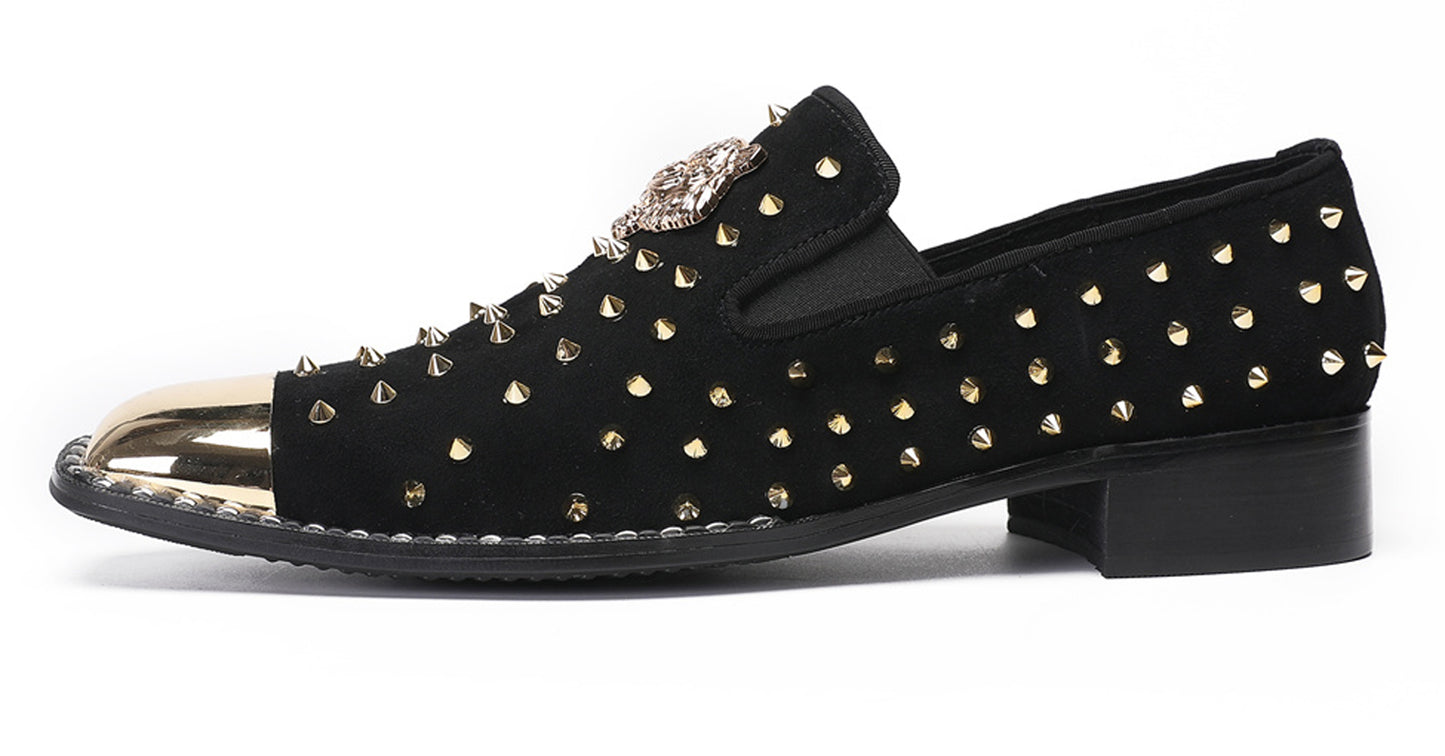 Mens Gold Glitter Rhinestone Suede Western Loafers