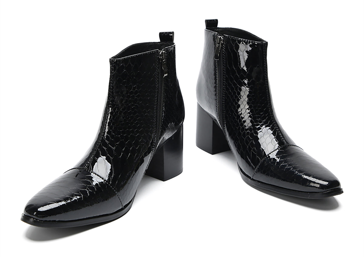 Mens Black Glossy Patent Leather Snake Print Block Heel Ankle Boots