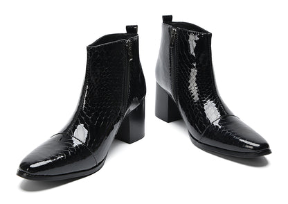 Mens Black Glossy Patent Leather Snake Print Block Heel Ankle Boots