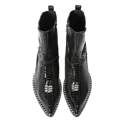 Mens Top-Grain Leather Snake-Embossed Studded Western Cowboy Ankle Boots
