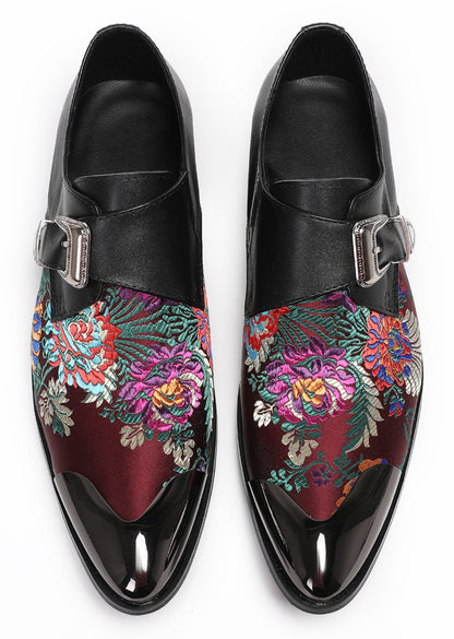 Mens Flower Embroidery Two-Tone Monk Strap Western Loafers