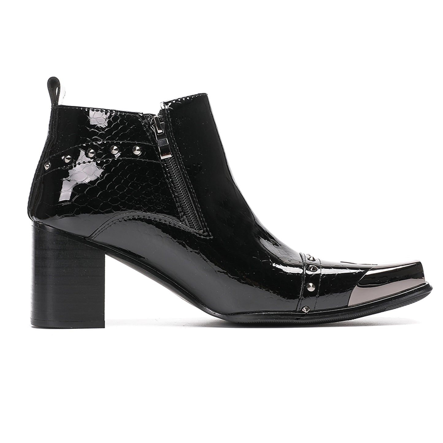Mens Patent Leather Metal Square Toe Studded Ankle Western Boots