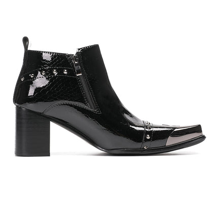 Mens Patent Leather Metal Square Toe Studded Ankle Western Boots