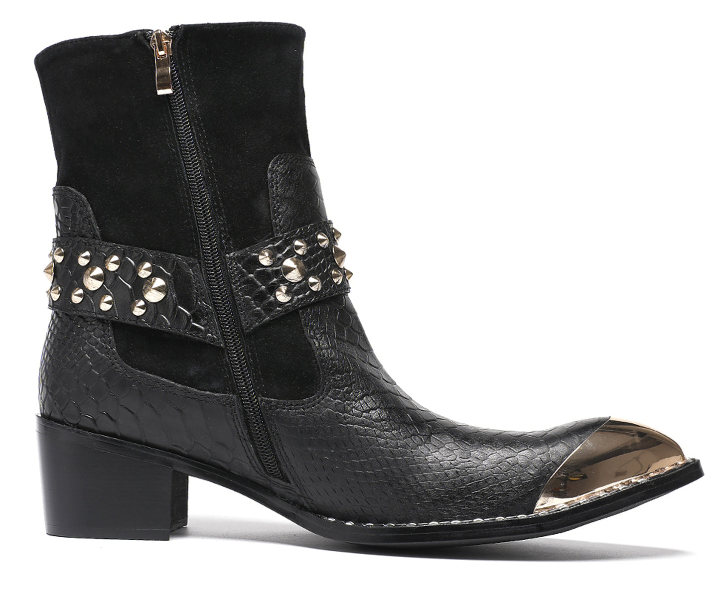 Mens Top-Grain Leather Studded Skull Buckle Punk Cowboy Western Boots