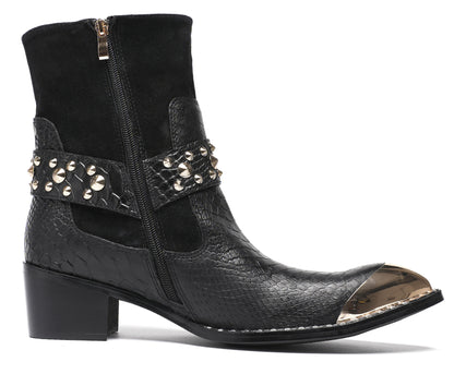 Mens Top-Grain Leather Studded Skull Buckle Punk Cowboy Western Boots