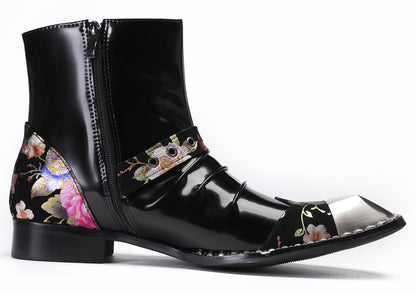 Mens Genuine Leather Metal Square Toe Buckle Rock Cowboy Western Boots