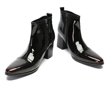 Mens Patent Leather Zipper On Side Mid Calf Heel Ankle Boots