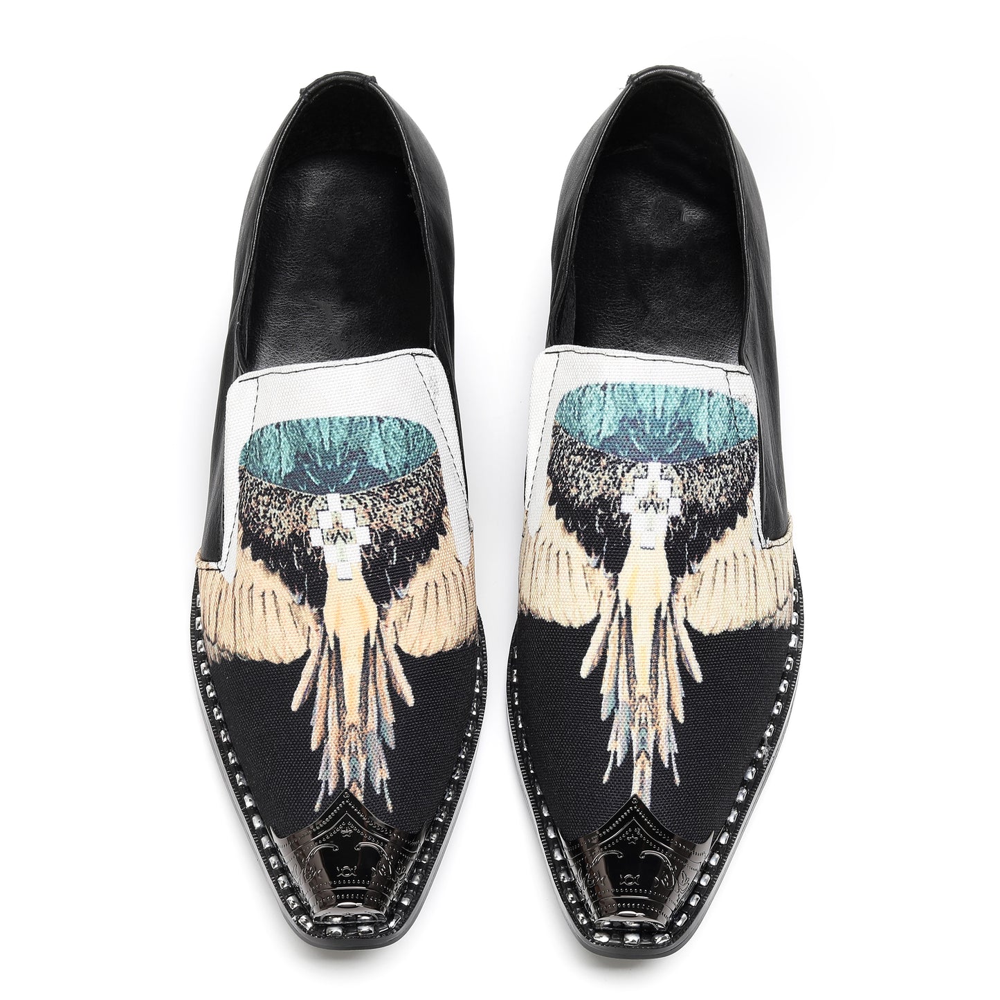 Mens Top-Grain Leather Eagle Print Slip On Western Loafers