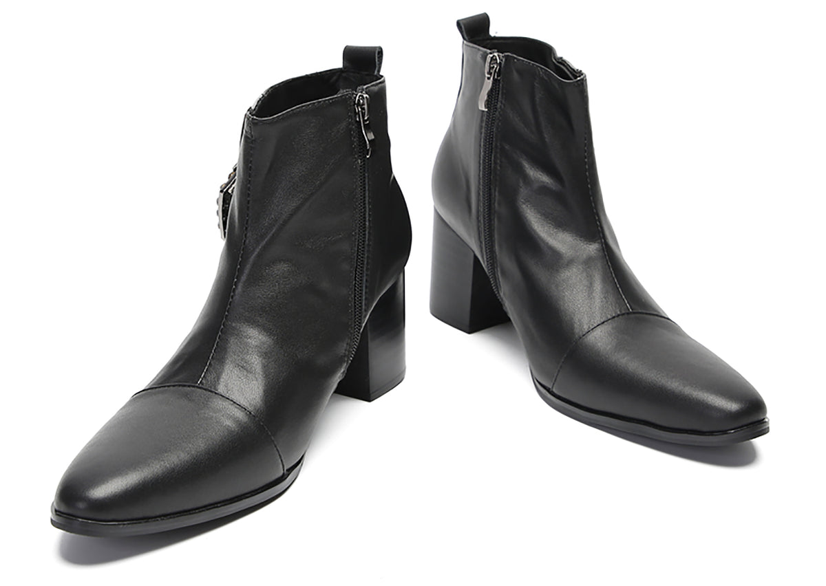 Mens Genunie Leather Beaded Buckle Heel Ankle Boots