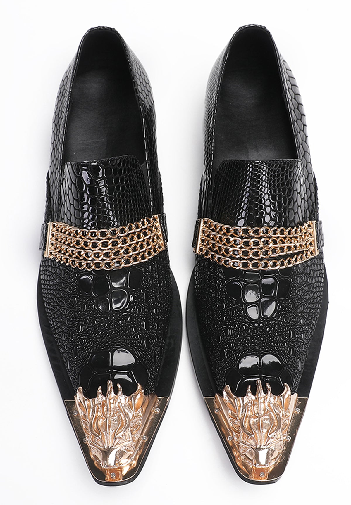 Mens Disco Party Casual Gold Chain Metallic Tip Western Loafers