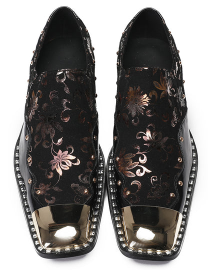 Mens Genuine Leather Gold Beads Metal Square Toe Western Loafers