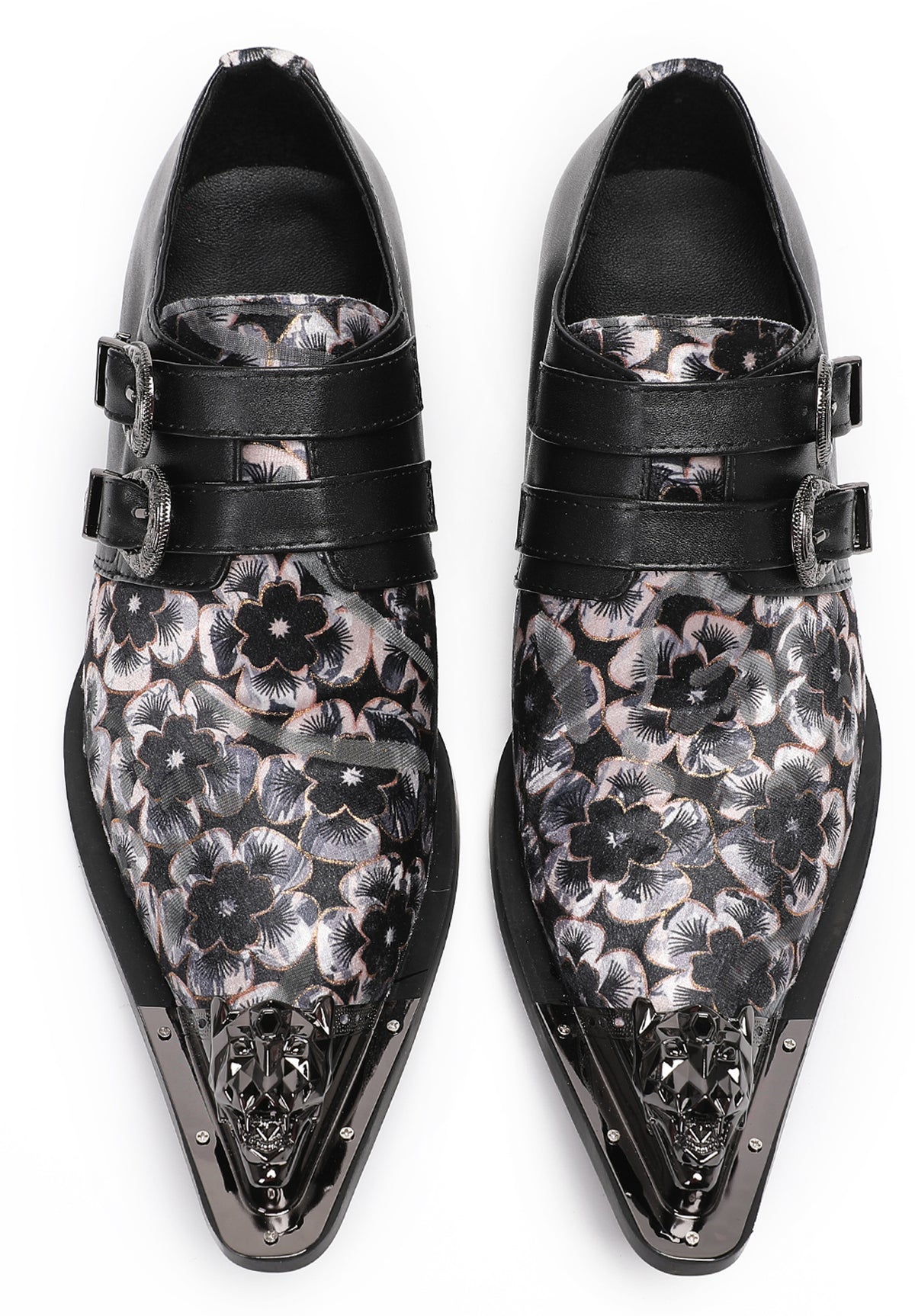 Mens Double Buckle Flower Embroidery Two-Tone Western Loafers