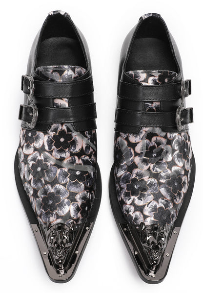 Mens Double Buckle Flower Embroidery Two-Tone Western Loafers