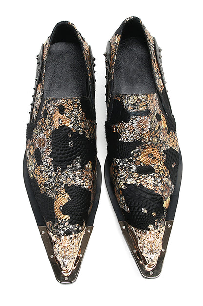 Mens Silp On Leather Metal Tip Toe Gold Glitter Western Loafers