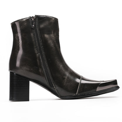 Mens Leather Metal Square Toe Flame Studded Dress Ankle Western Boots