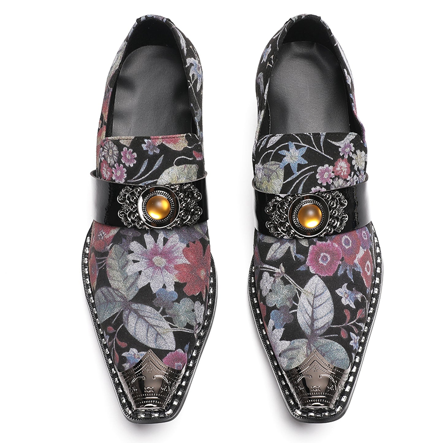 Mens Floral Leather Loafers Metal Toe Slip On Dress Shoes