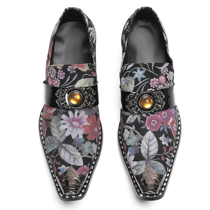 Mens Floral Leather Loafers Metal Toe Slip On Dress Shoes