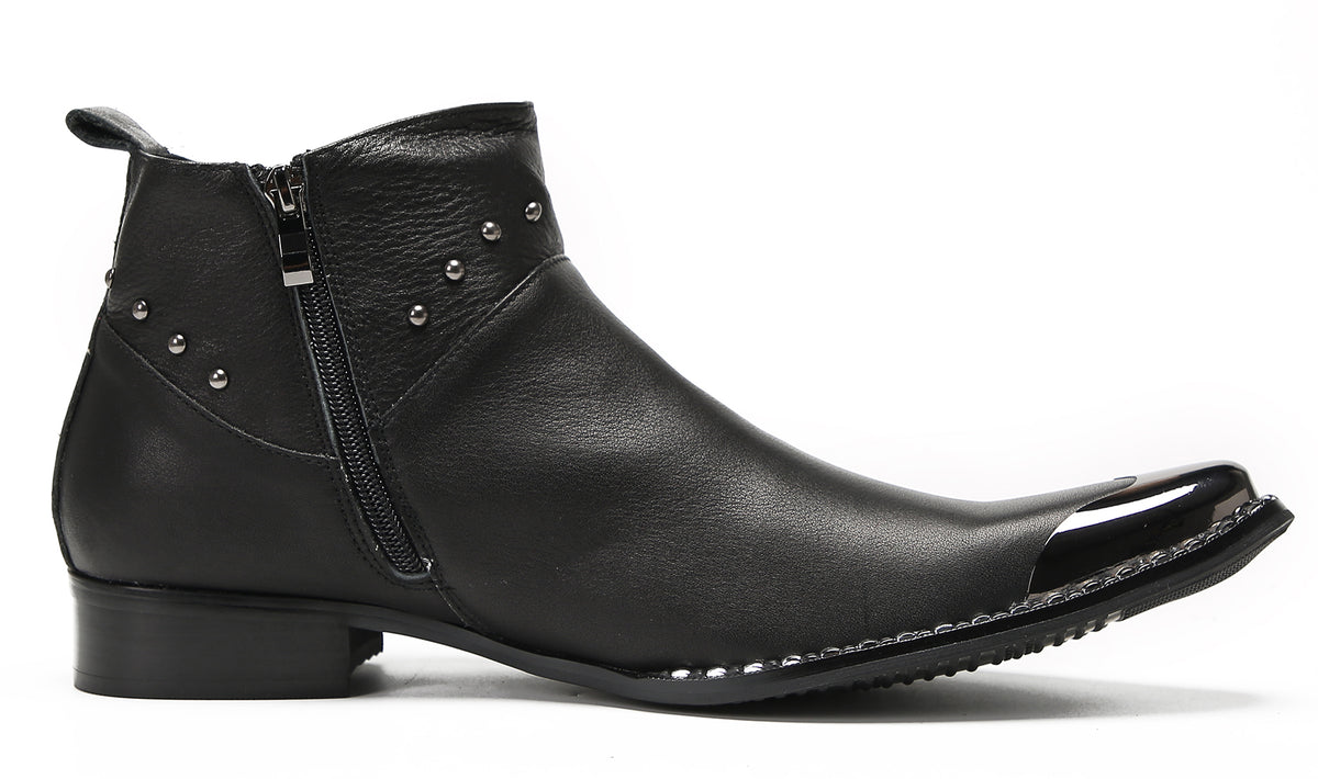 Mens Genuine Leather Matel Sqaure Toe Zipper Beads Ankle Western Boots